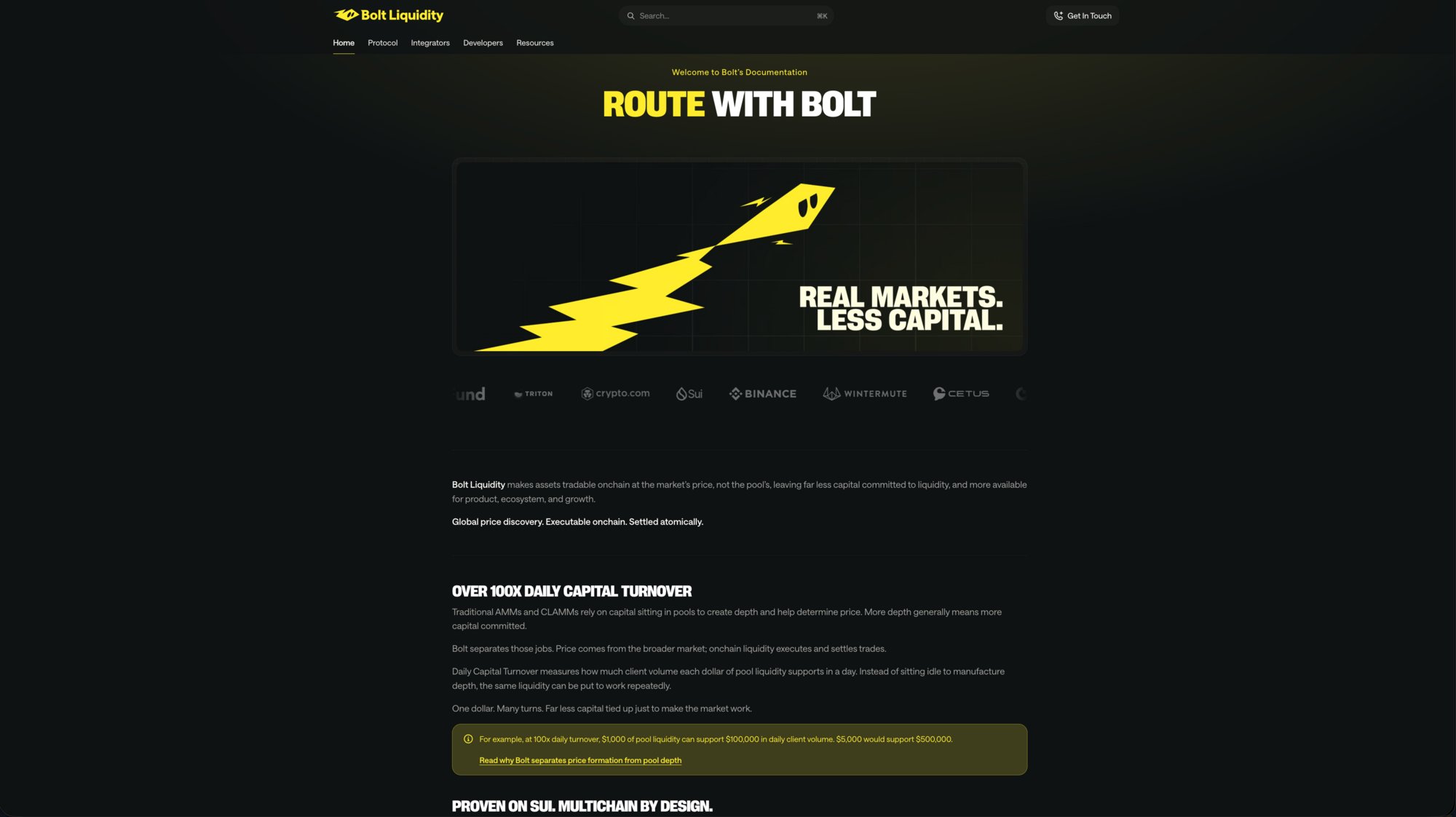 Bolt Liquidity technical documentation home page, headed Route with Bolt.