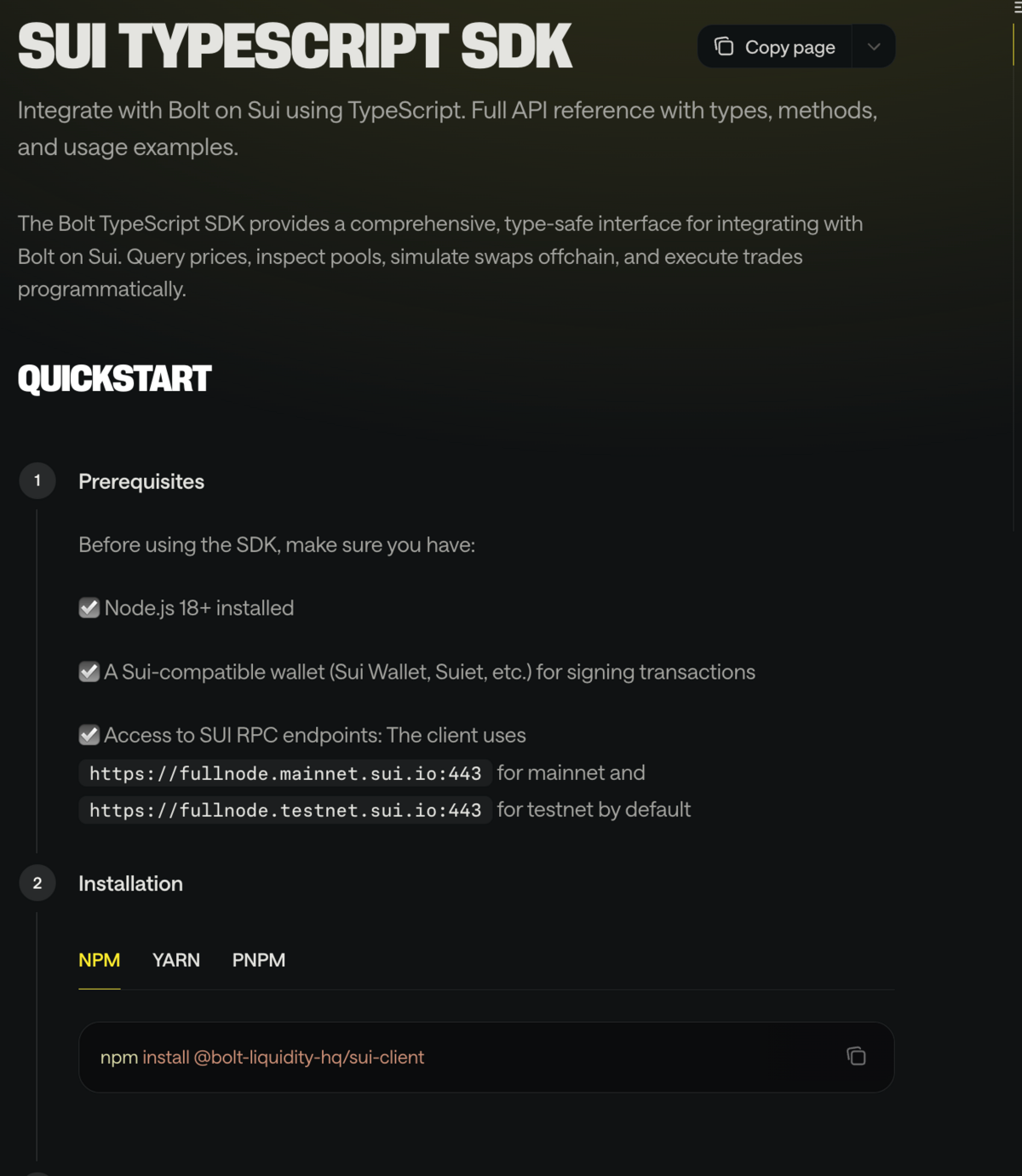 Sui TypeScript SDK documentation page showing the introduction, quickstart prerequisites, and the first installation code block.
